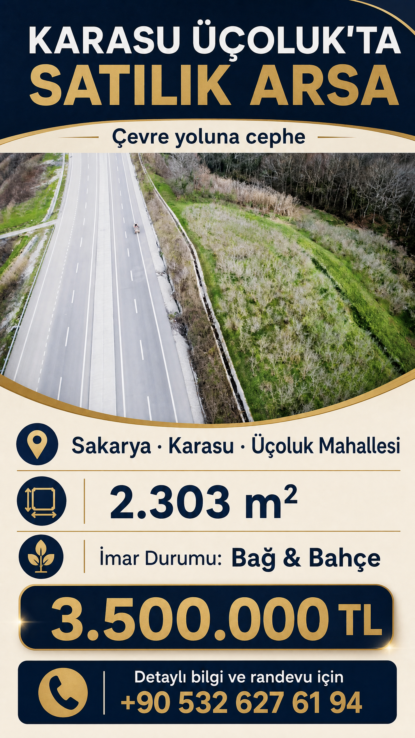 Karasu Üçoluk’ta Çevre Yoluna Cephe 2.303 m² Arsa